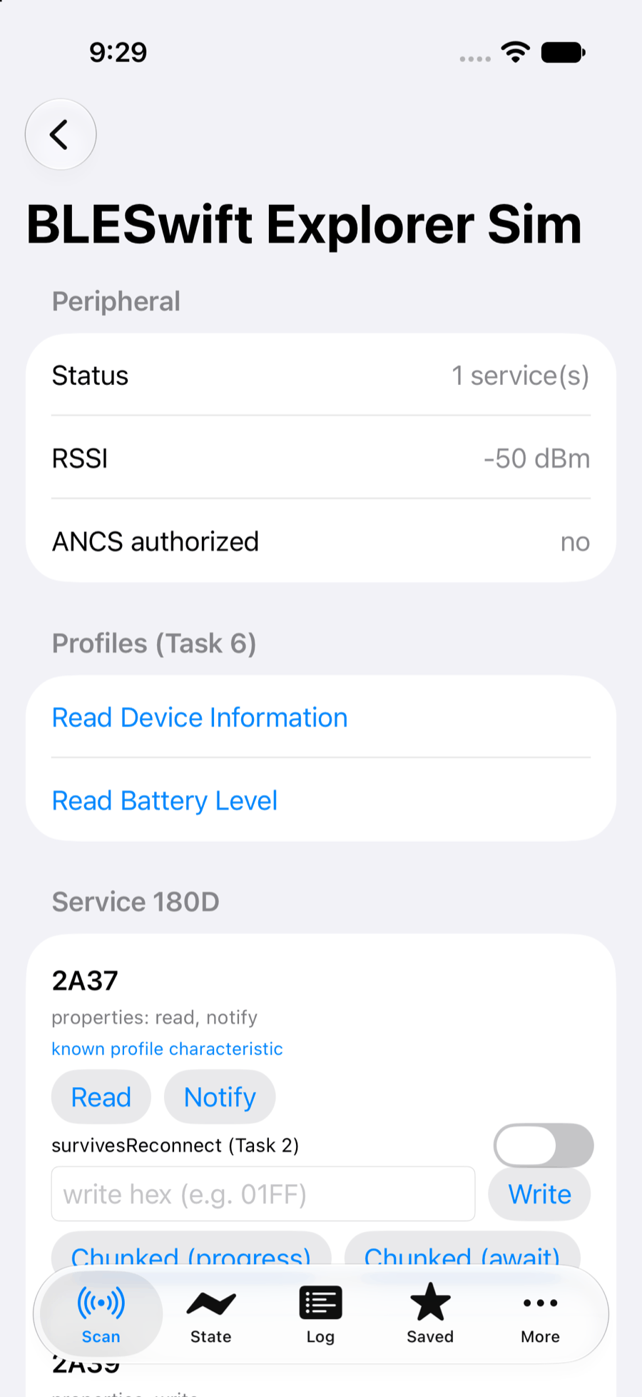 The connected peripheral detail screen: BLESwift Explorer Sim with one service, 180D, listing characteristic 2A37 with read and notify properties