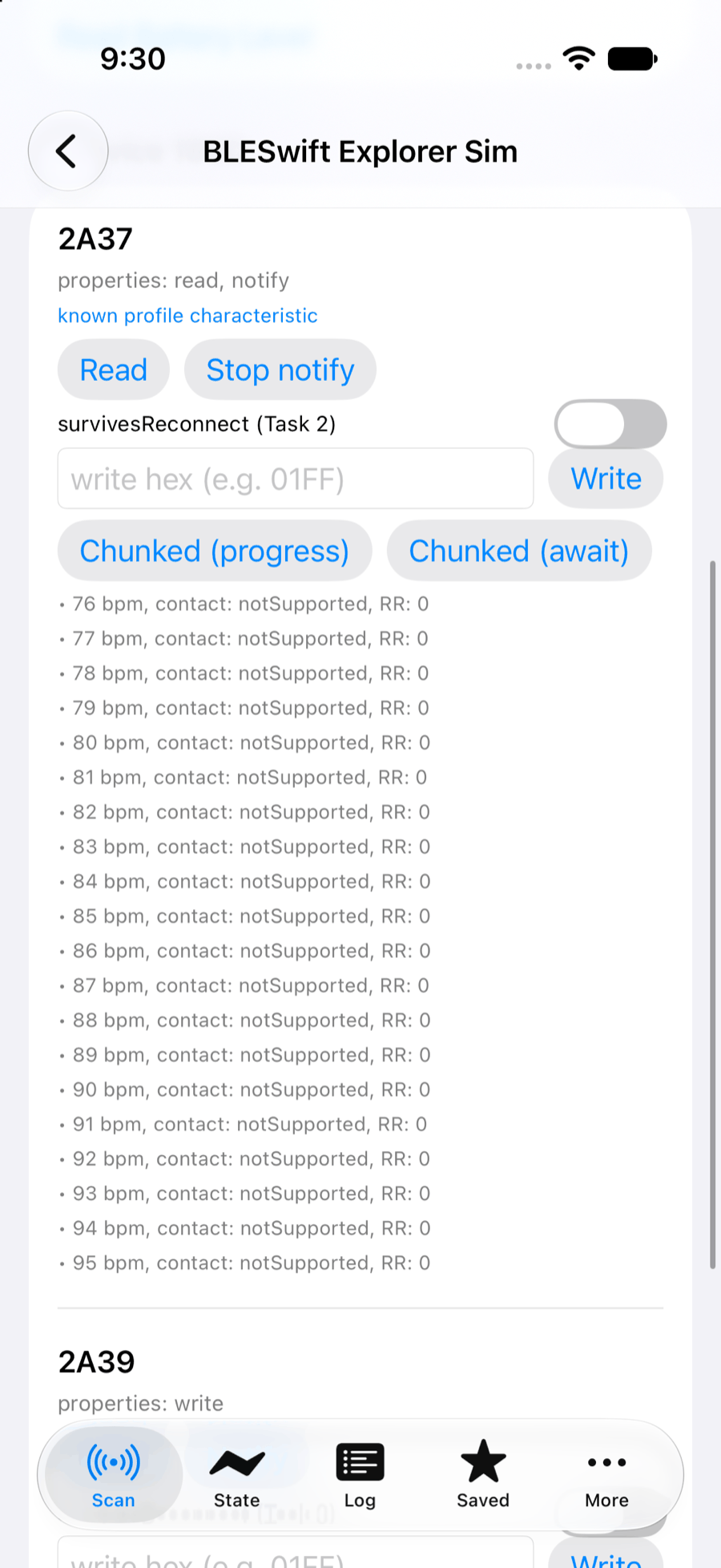 The characteristic detail after enabling notifications: a stream of decoded heart-rate values from 76 bpm to 95 bpm, one per second