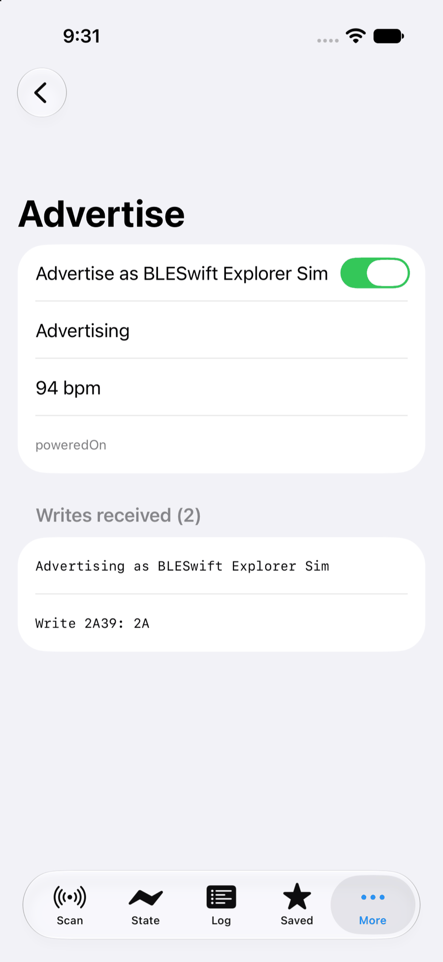 The Advertise screen again: the Writes received section now shows Write 2A39: 2A, sent from the other simulator