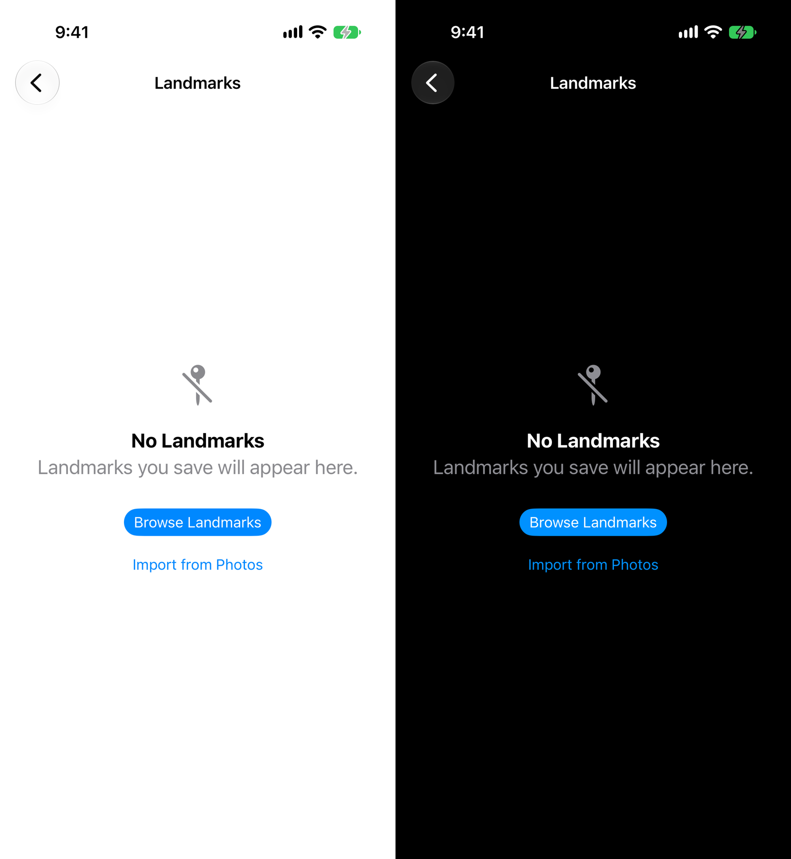 ContentUnavailableView with a prominent Browse Landmarks button and a secondary Import from Photos button