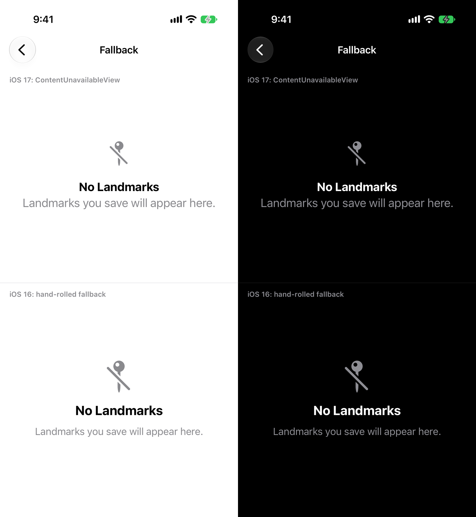 The system ContentUnavailableView above the hand-rolled iOS 16 fallback. Close enough that nobody will notice which one they got.