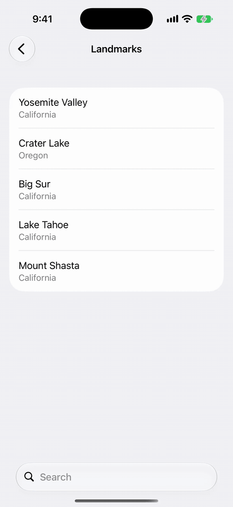 Typing a search term that matches nothing. The list empties, the overlay appears, and the search field never moves.